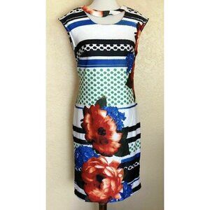 Eci Women's Red Print Scuba Cut out Sleeveless Shift Dress Size 8